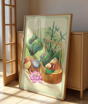 Traditional Asian tea set with bamboo and dumplings