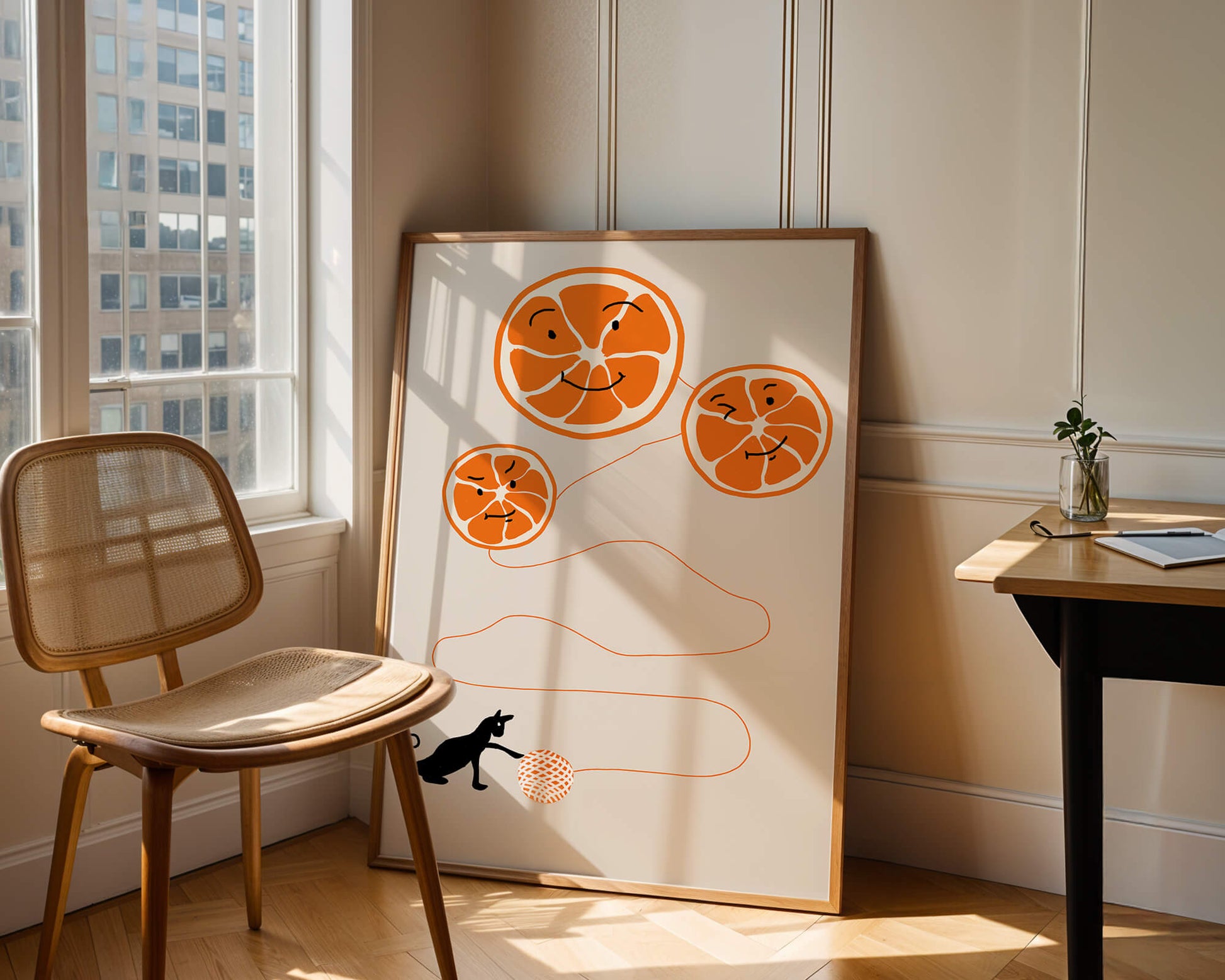Playful illustration of oranges with cat and yarn