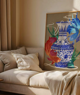 Jarrón de cerámica elegante con diseño de peces vibrantes y flores