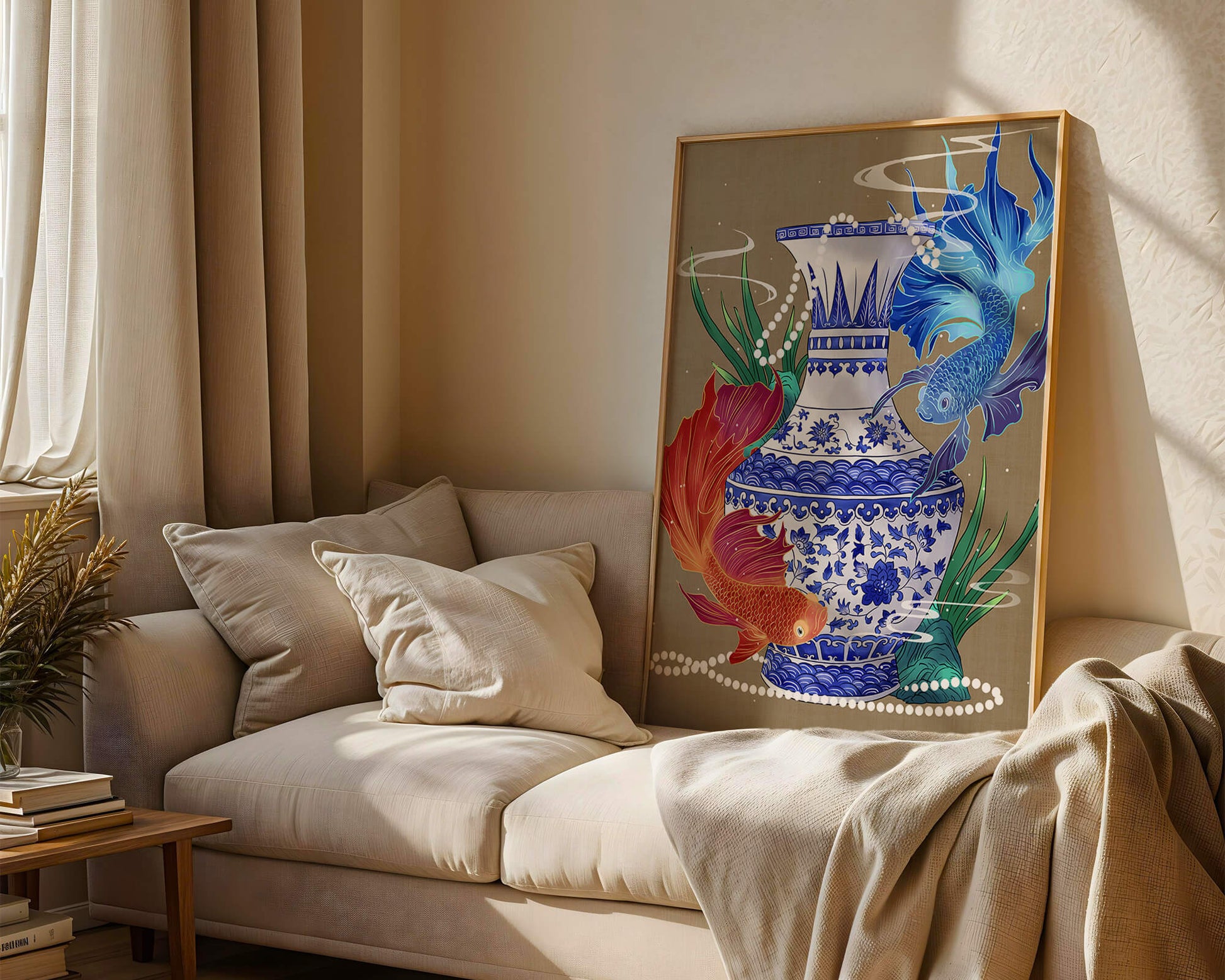 Elegant ceramic vase with vibrant fish and floral design