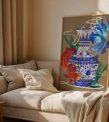 Elegant ceramic vase with vibrant fish and floral design