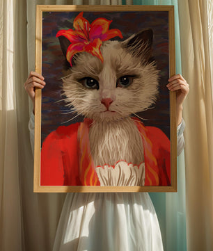 Retrato de gato con acentos de flores vibrantes y atuendo colorido