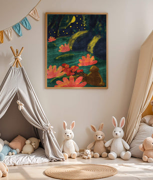 Mystical night garden with bright flowers and starlit sky