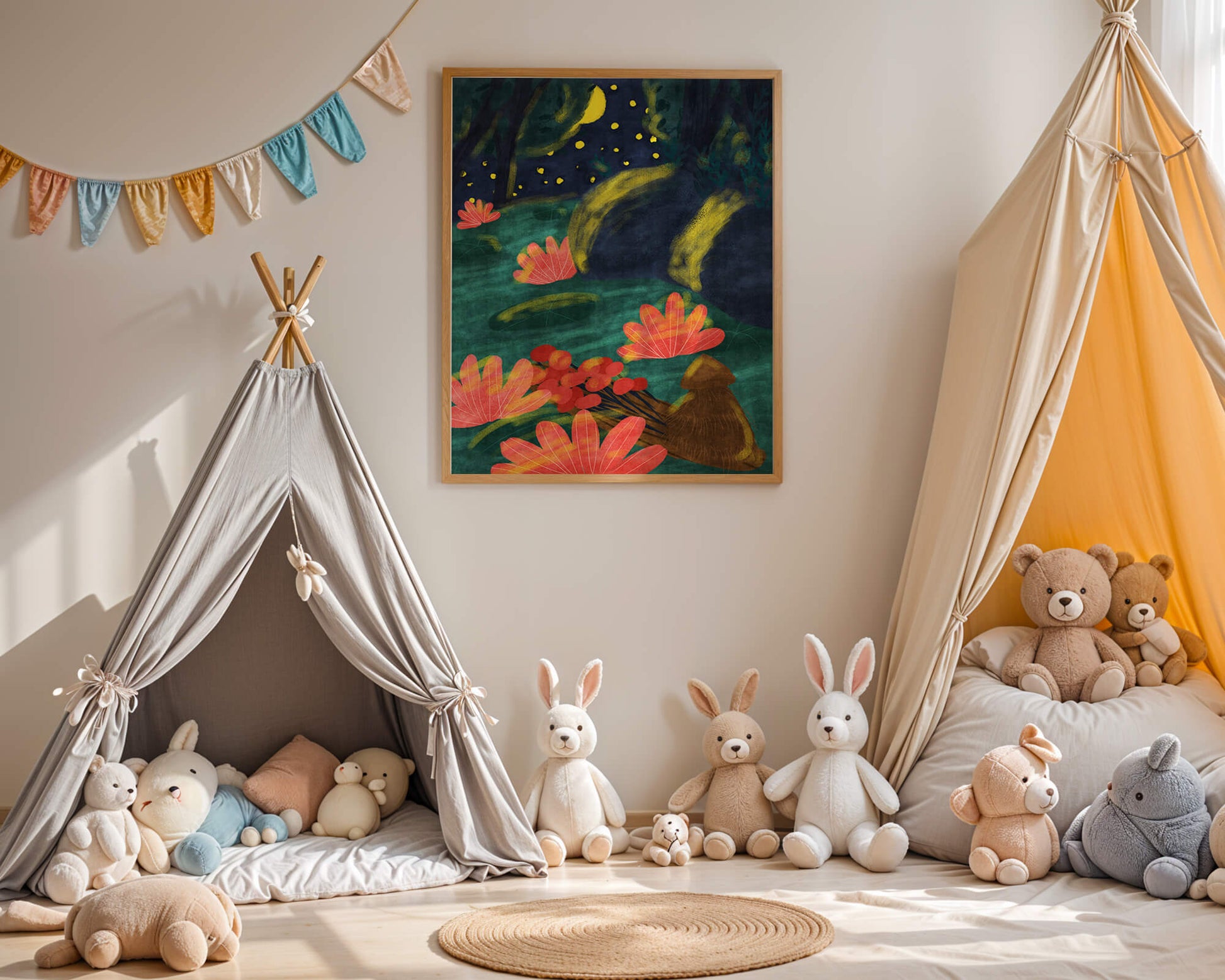 Mystical night garden with bright flowers and starlit sky