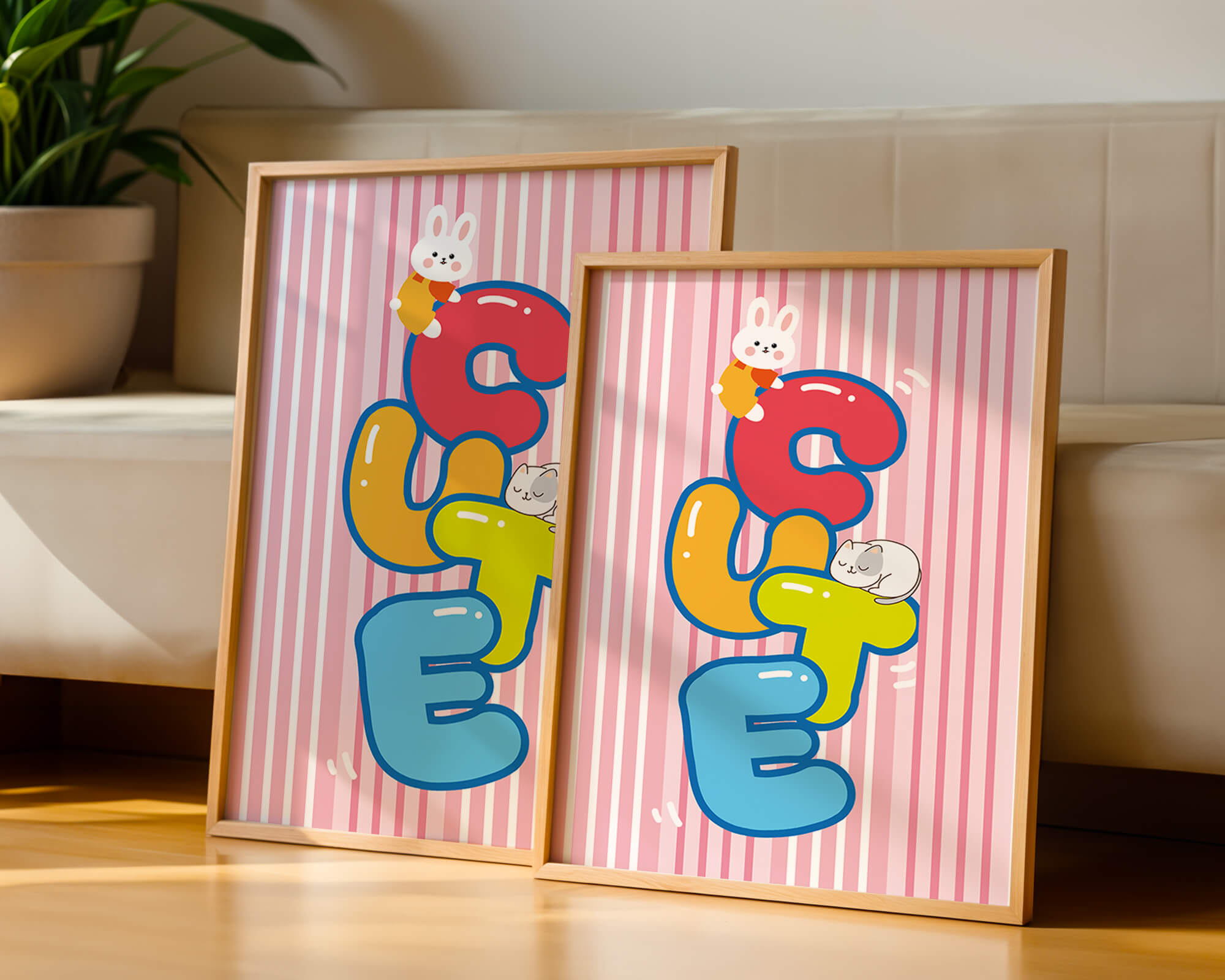 Playful cute illustration with bunny and kitten on colorful letters