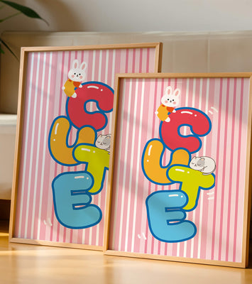 Playful cute illustration with bunny and kitten on colorful letters