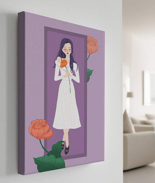 Illustration of a woman holding a flower in a serene pose