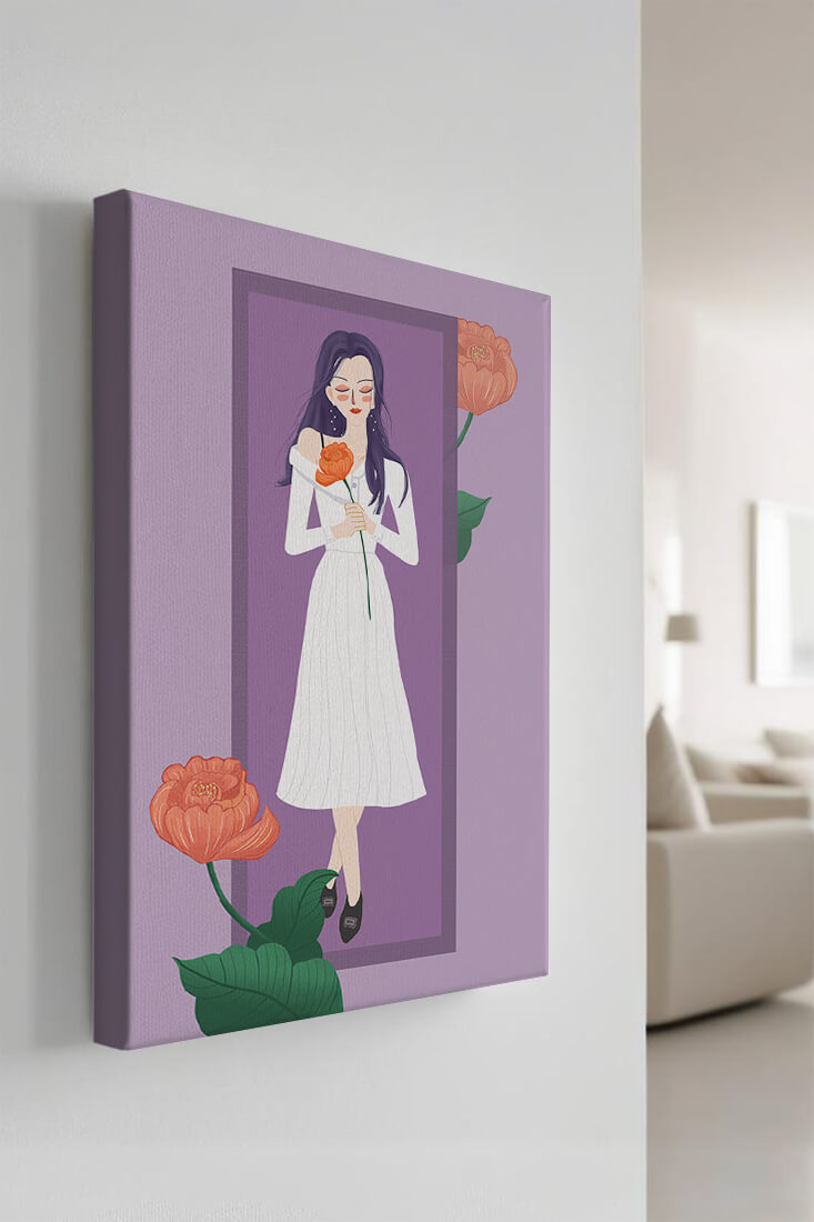 Illustration of a woman holding a flower in a serene pose