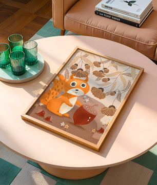 Orange Squirrel with Acorn in Autumn Forest
