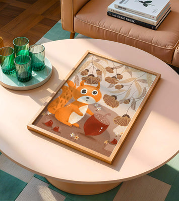 Orange Squirrel with Acorn in Autumn Forest