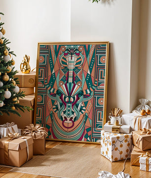 Patrón geométrico de animales con toro y cobra en colores vibrantes