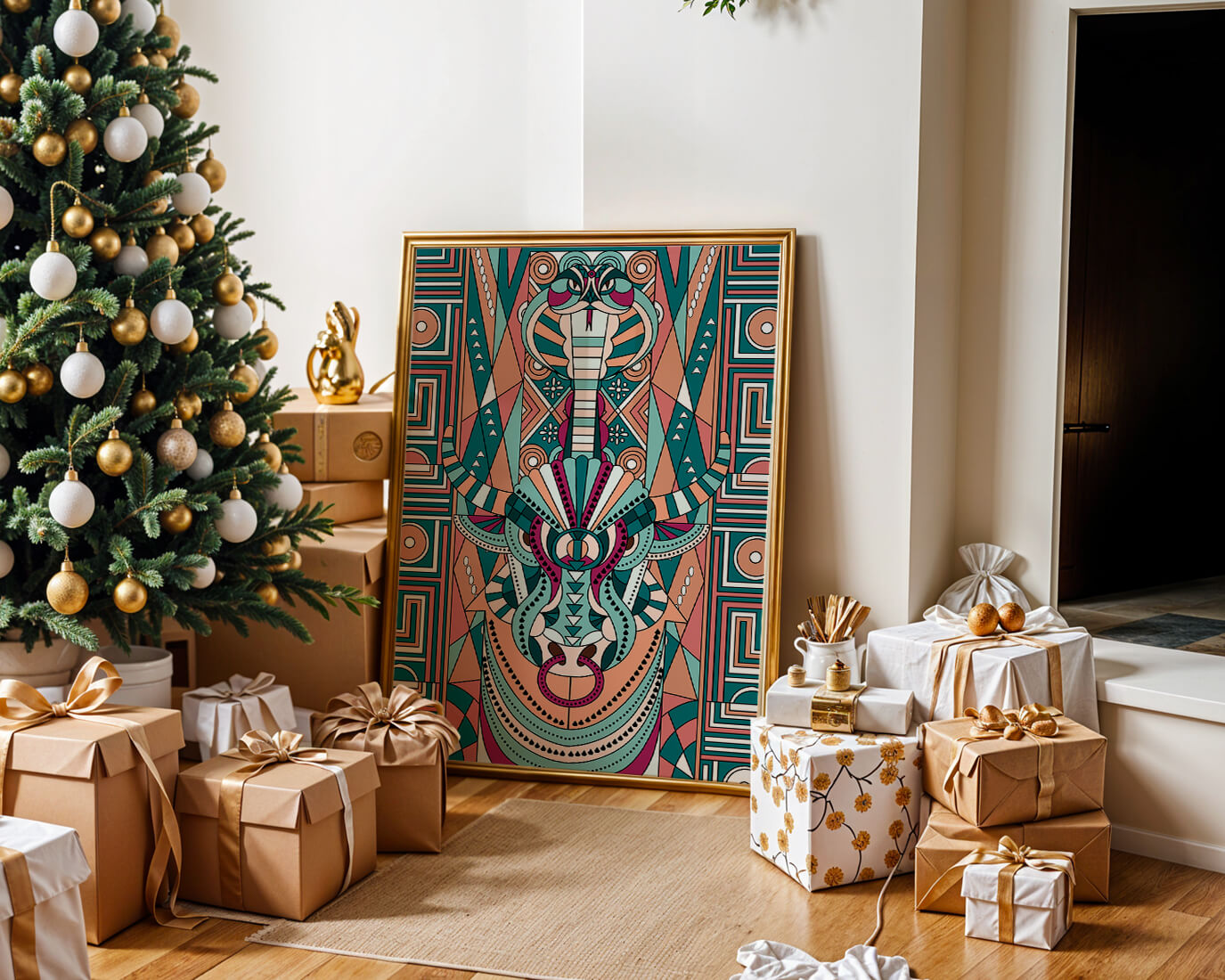 Patrón geométrico de animales con toro y cobra en colores vibrantes