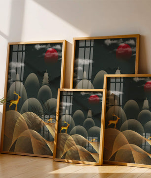Golden Deer on Abstract Landscape with Red Sun and Pagoda