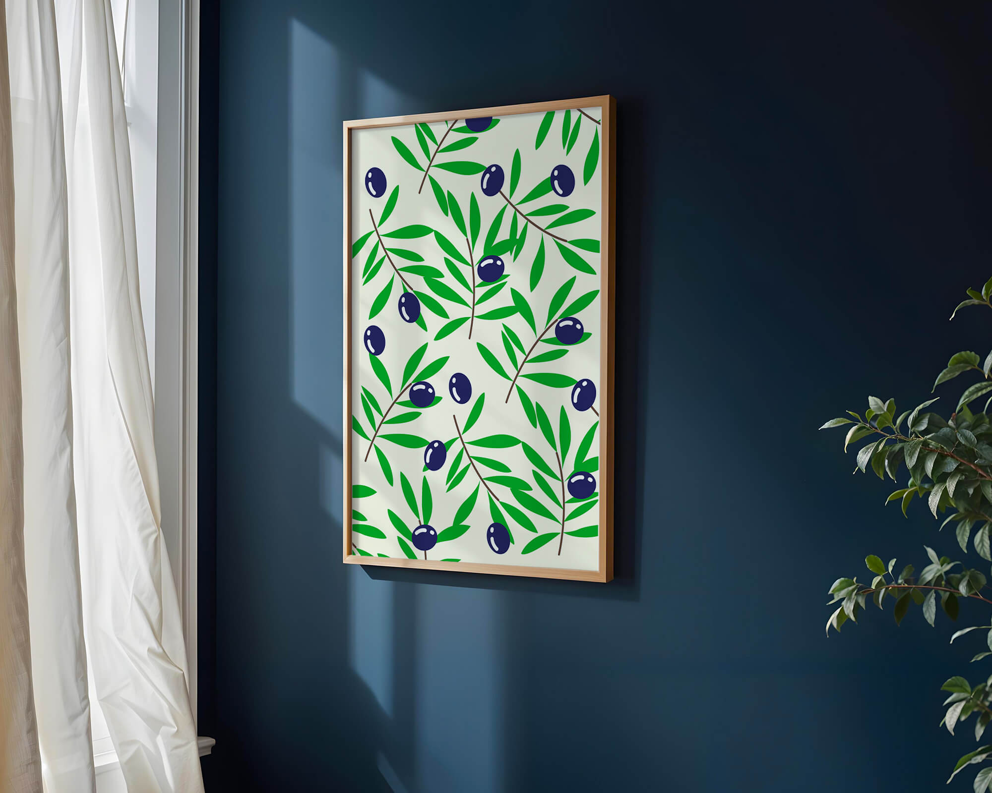 Olive branch pattern with green leaves and blue olives