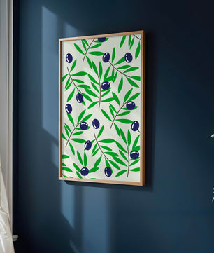Olive branch pattern with green leaves and blue olives