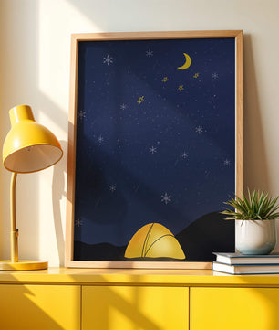 Camping Under Night Sky with Stars and Crescent Moon