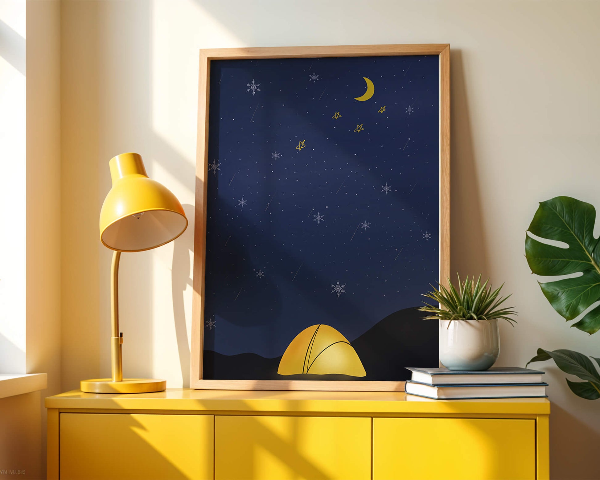 Camping Under Night Sky with Stars and Crescent Moon