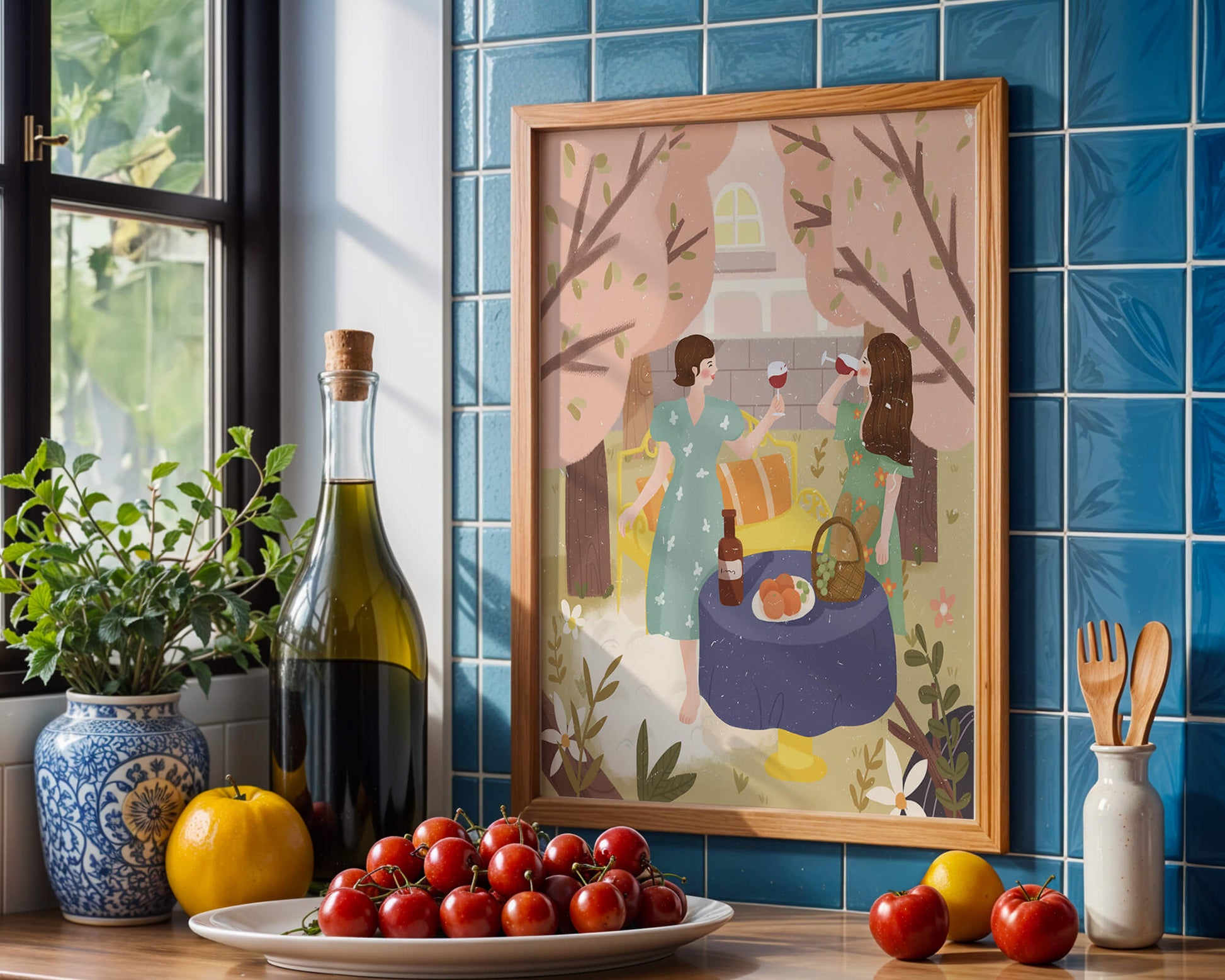 Reunión primaveral en el jardín con vino y frutas