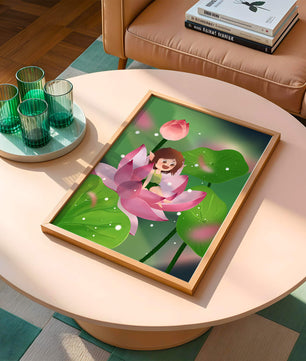 Charming fairy sitting on a blooming pink lotus in a magical garden
