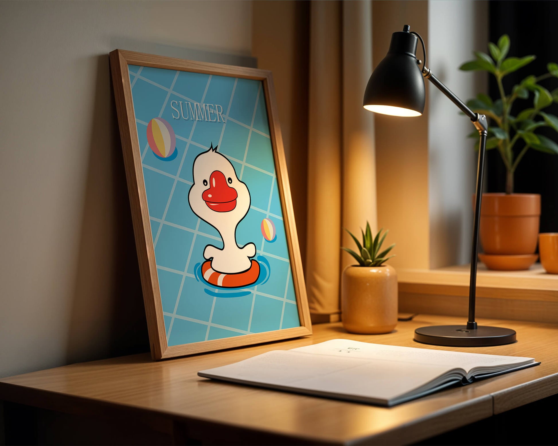 Cartoon duck swimming in a pool with summer beach elements