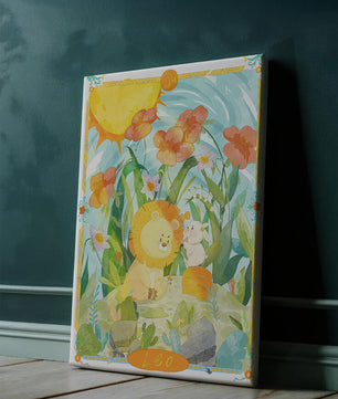 Charming watercolor illustration of lion and rabbit in a vibrant floral landscape