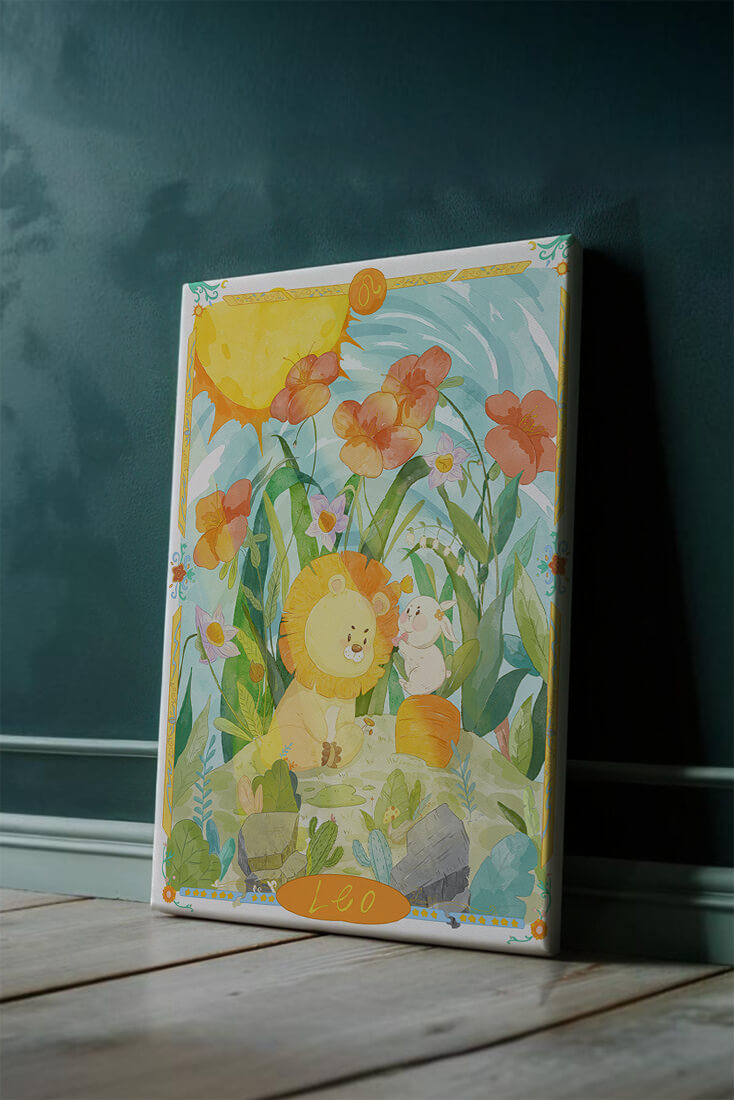 Charming watercolor illustration of lion and rabbit in a vibrant floral landscape