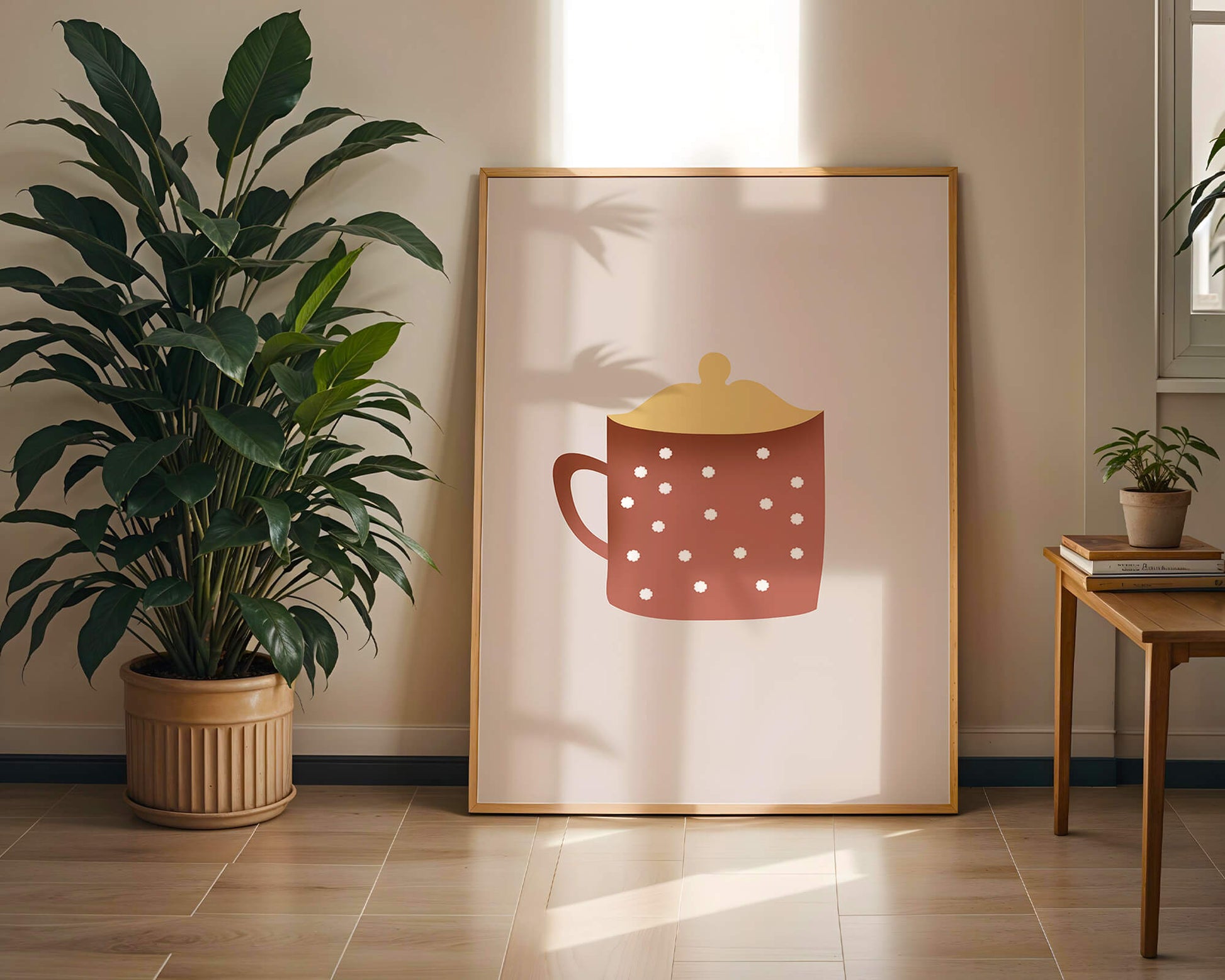 Decorative polka dot mug with yellow lid illustration