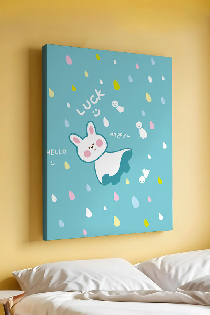 Adorable cartoon bunny with colorful drops on a blue background