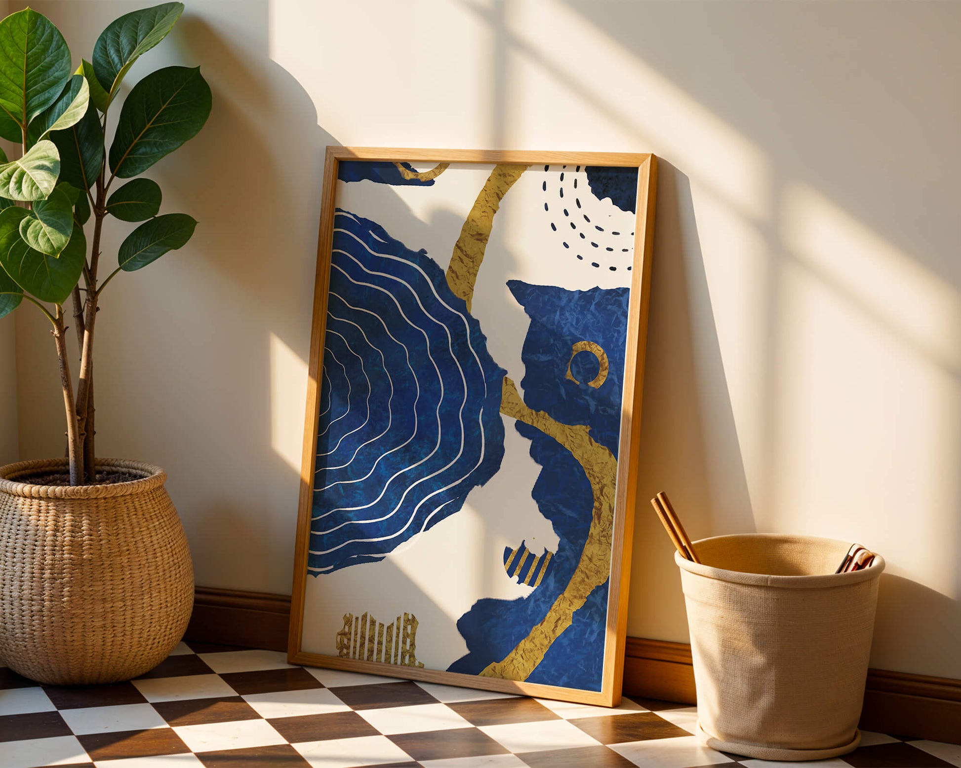 Diseño abstracto ondulado azul y dorado con patrones geométricos