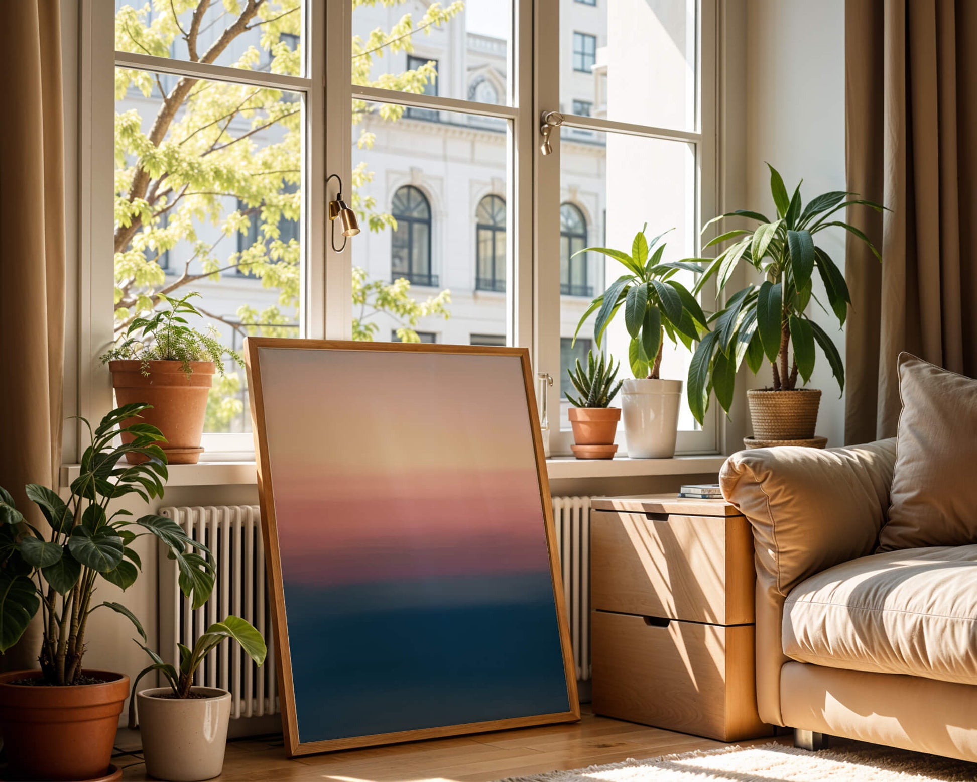 Atardecer abstracto y tranquilo sobre el océano con cielo degradado