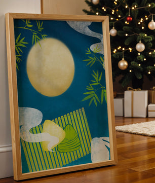 Moonlit night with bamboo and dumplings on a mat