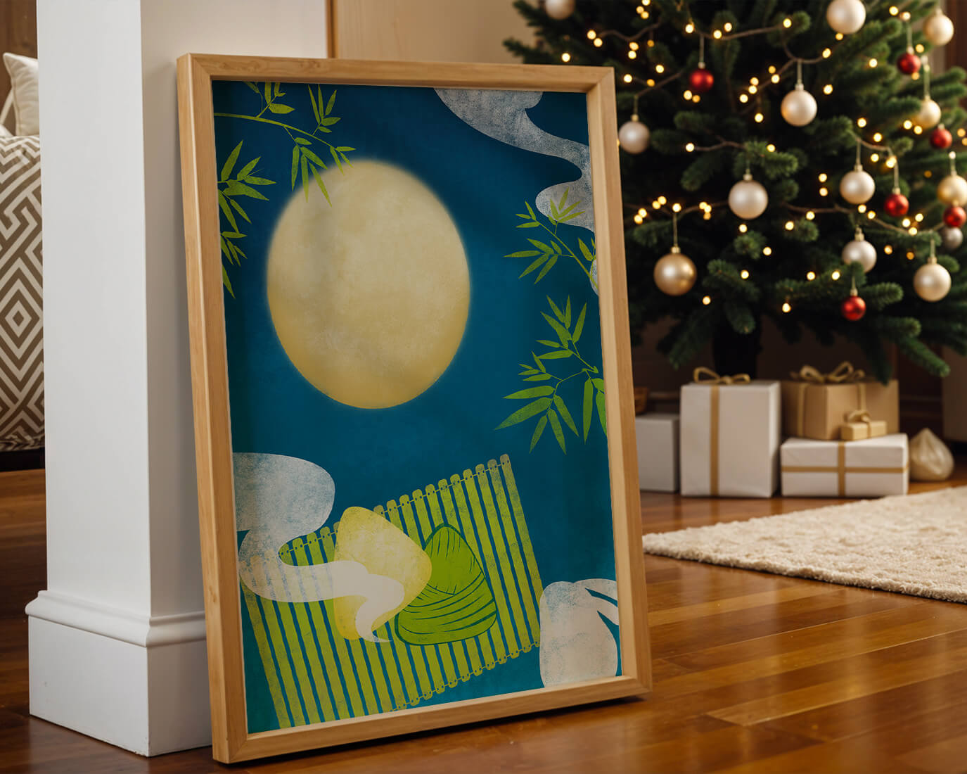 Moonlit night with bamboo and dumplings on a mat