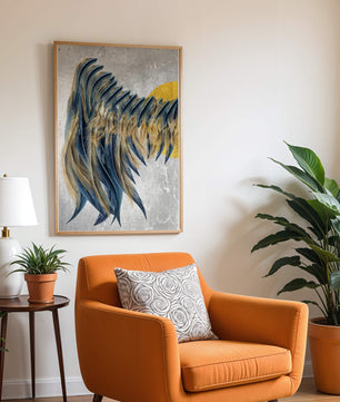 Arte de plumas abstractas con detalles dorados sobre fondo texturizado