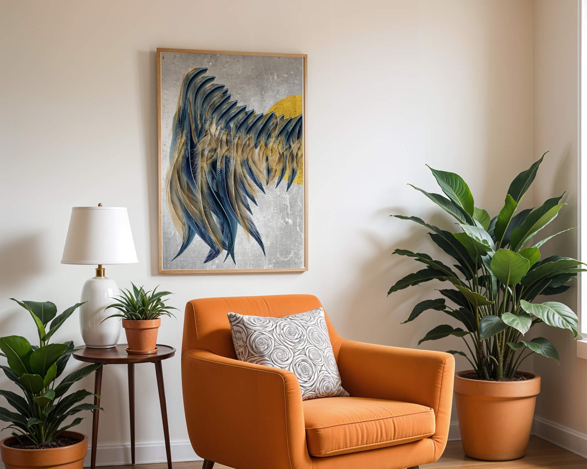 Arte abstracto de plumas con detalles dorados sobre fondo texturizado