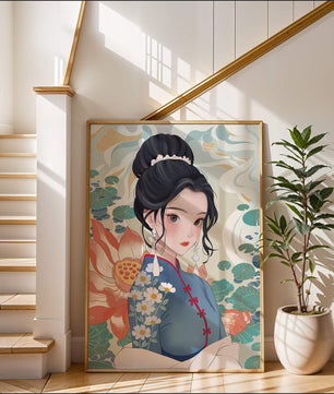 Una mujer elegante con vestido tradicional oriental con patrones florales y flores de loto