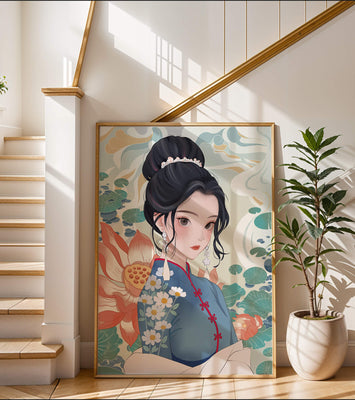 An Elegant Woman in Traditional Oriental Dress with Floral Patterns and Lotus Flowers