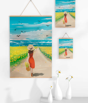 Mujer con vestido rojo caminando por el campo bajo un cielo azul claro