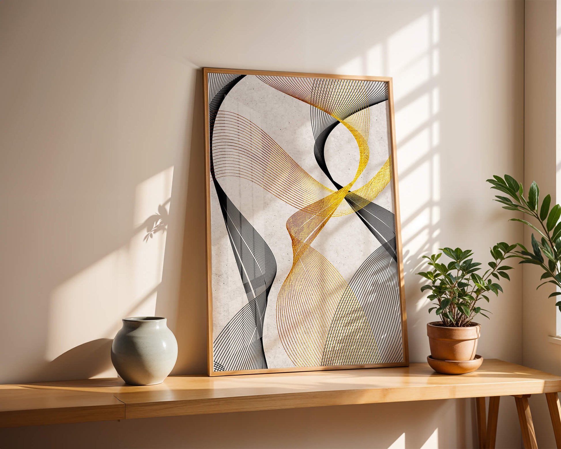 Elegant abstract waves with gold and black lines on textured background