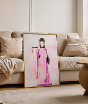 Illustration élégante à l’aquarelle d’une femme traditionnelle en tenue rose