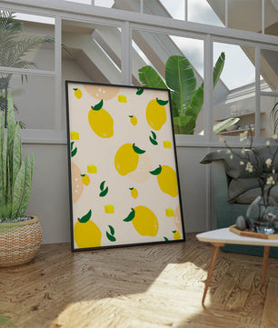 Playful lemon pattern with green leaves and abstract shapes