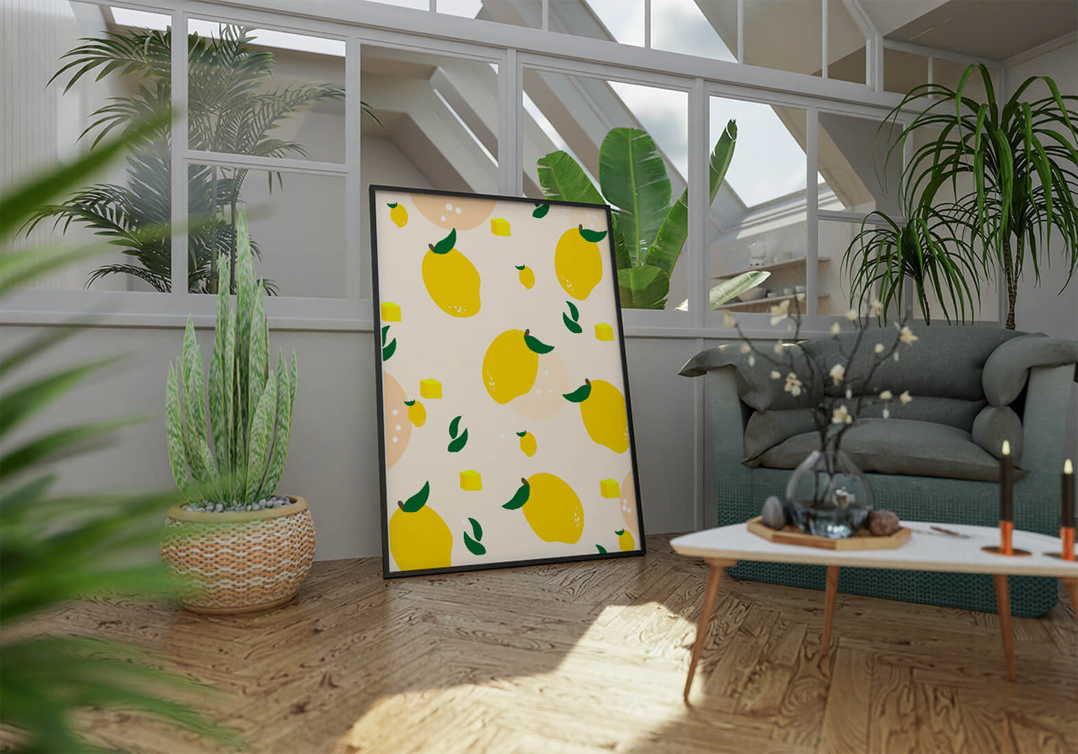 Playful lemon pattern with green leaves and abstract shapes