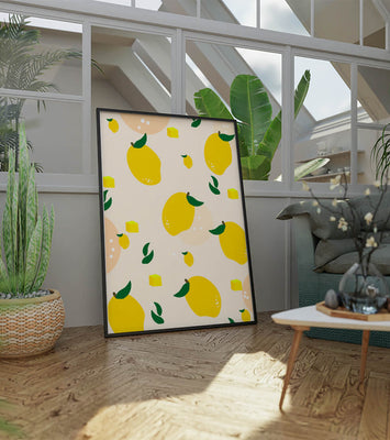 Playful lemon pattern with green leaves and abstract shapes