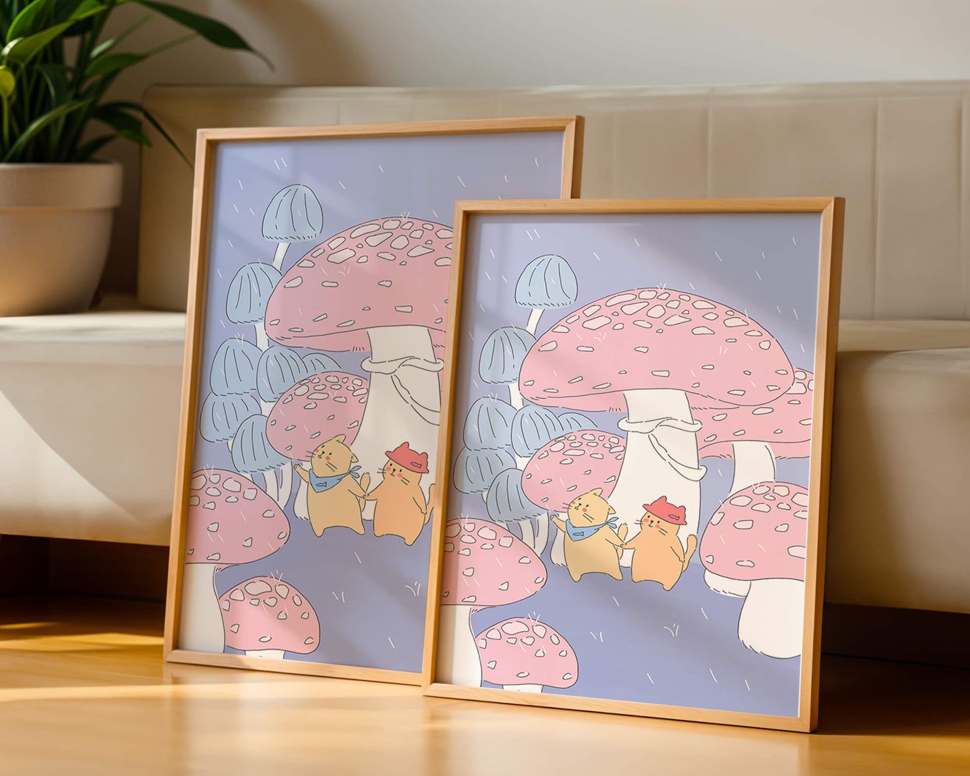Charming illustration of cats among whimsical mushrooms