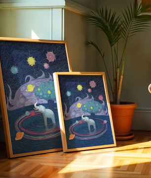 Éléphant fantastique avec arbre et fond cosmique