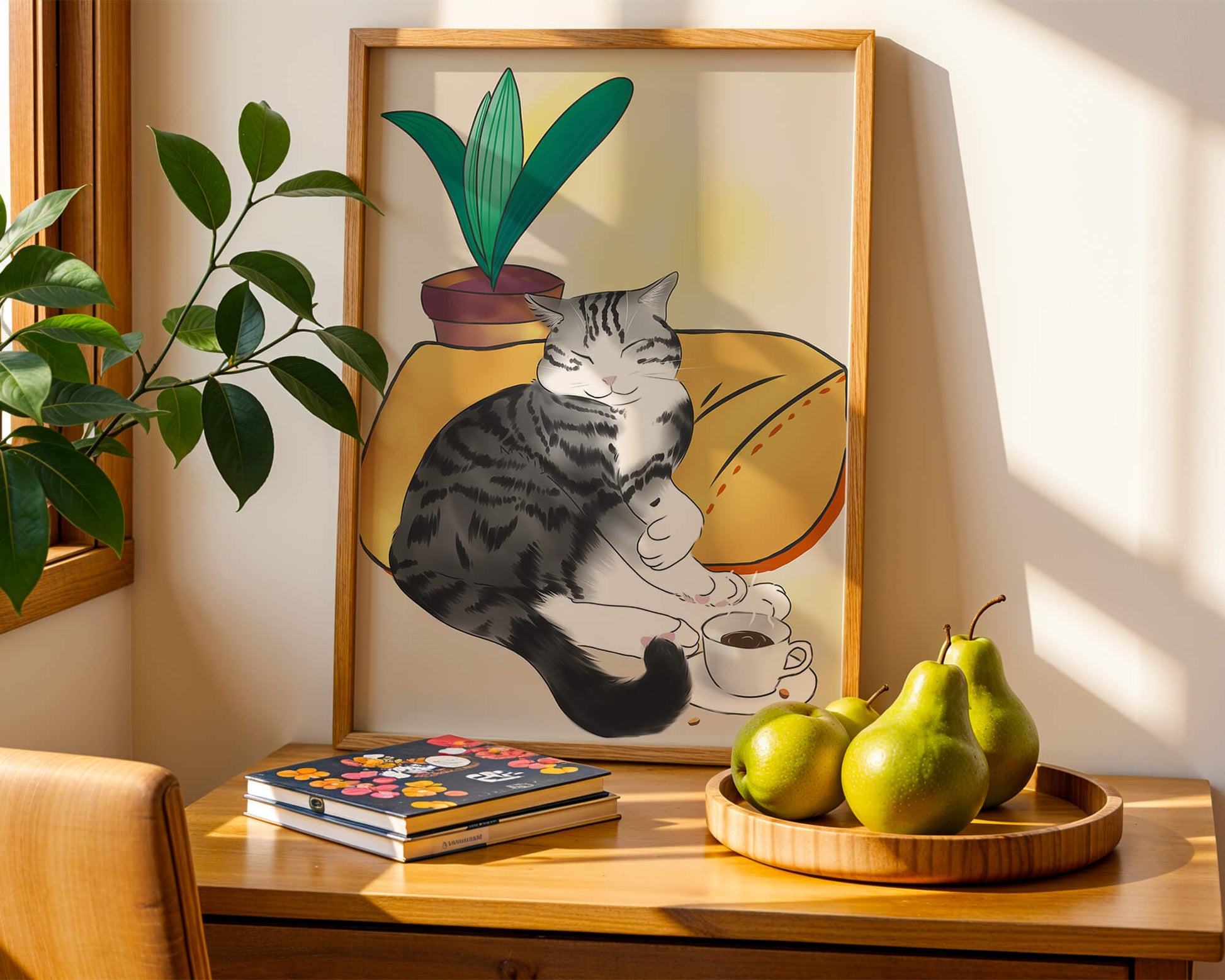 Entspannte Katze mit Kaffee und Pflanze auf gemütlichem Kissen