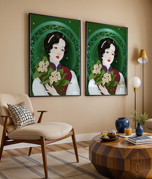 Elegant portrait of a woman with a bouquet of roses on a green abstract background