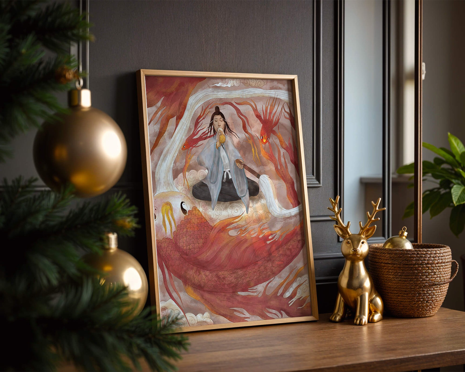 Serene meditation with mystical elements and mythical creatures