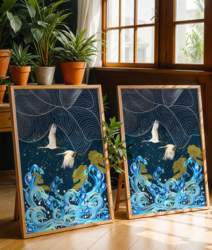 Grullas elegantes volando sobre olas doradas y un océano artístico