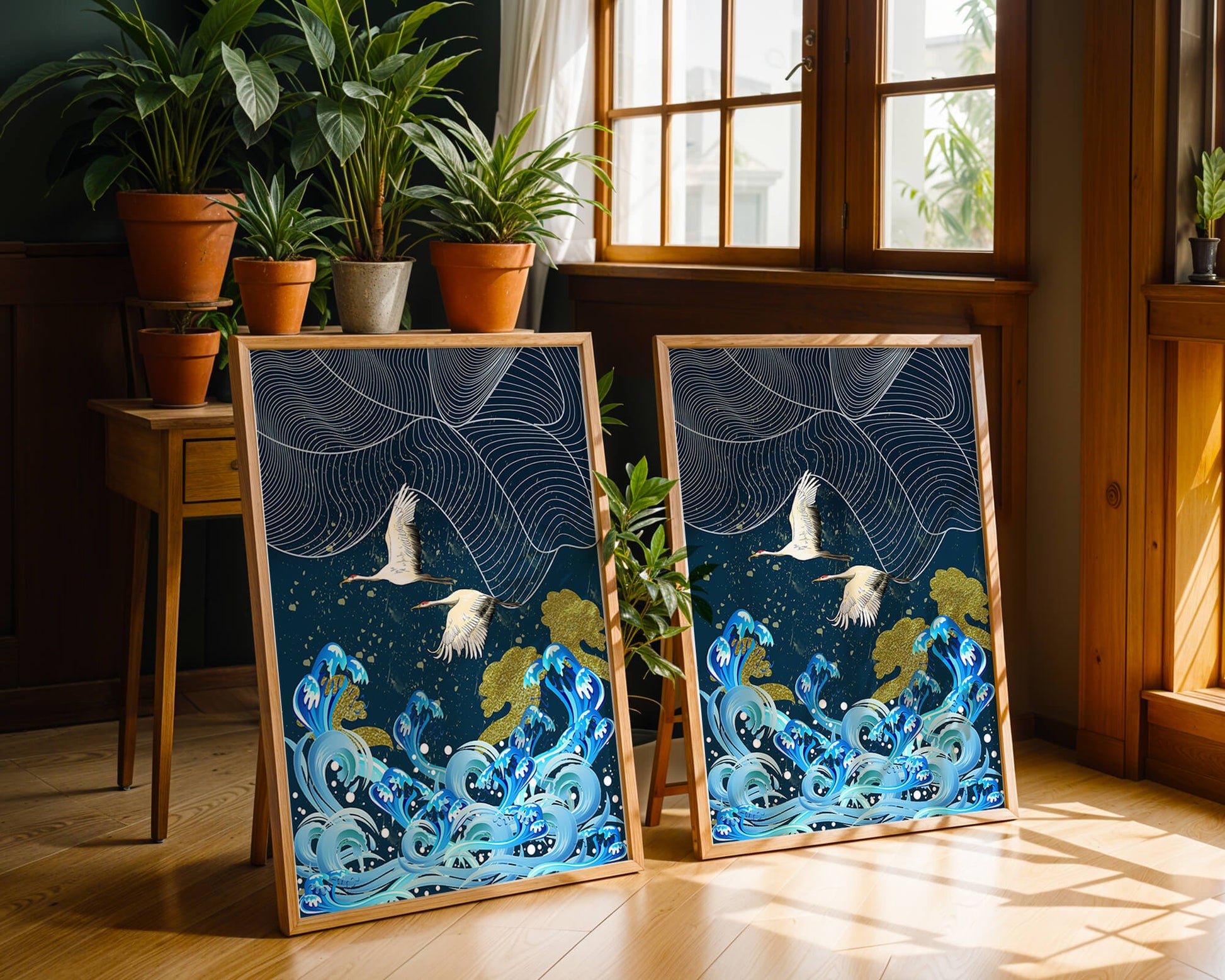Elegant Cranes Flying Over Golden Waves and Artistic Ocean