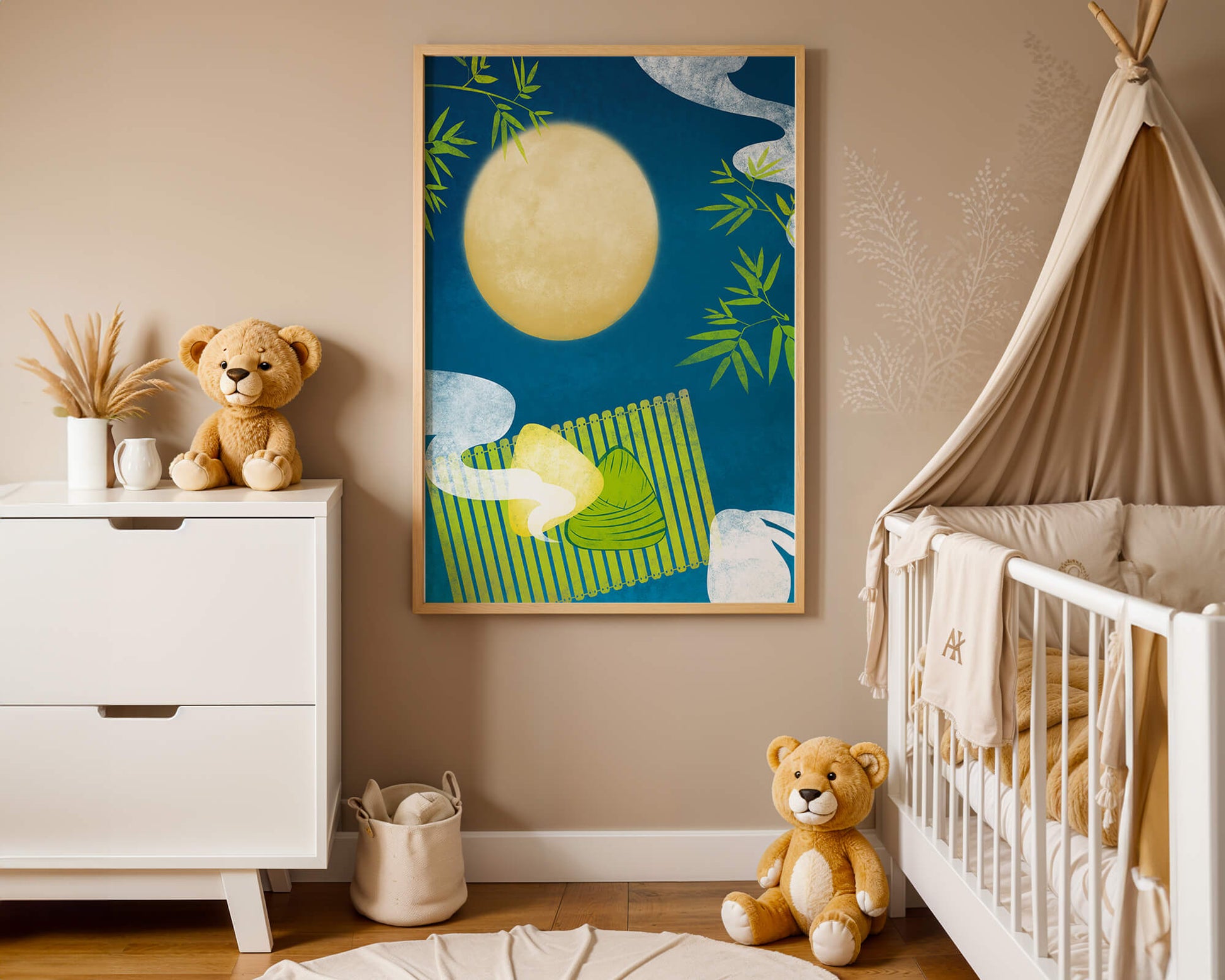 Moonlit night with bamboo and dumplings on a mat